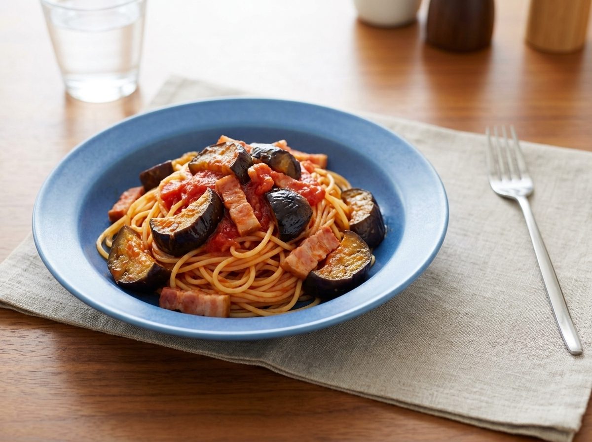 なすとひき肉のトマトパスタ